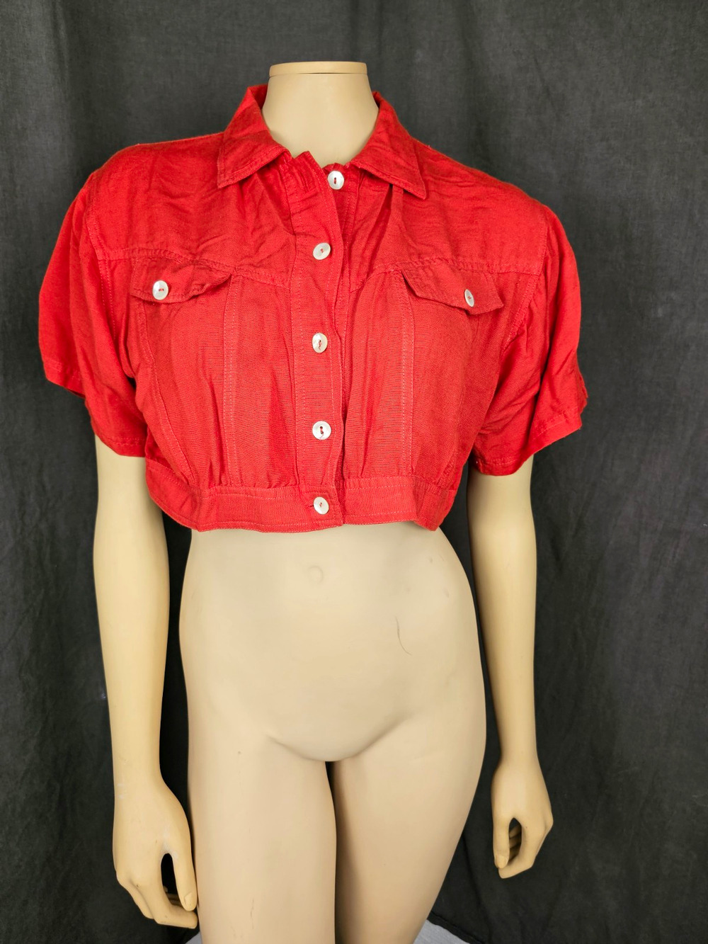 vintage 90s y2k Red Crop Top Button Down Collared Utility Shirt Indie Retro M